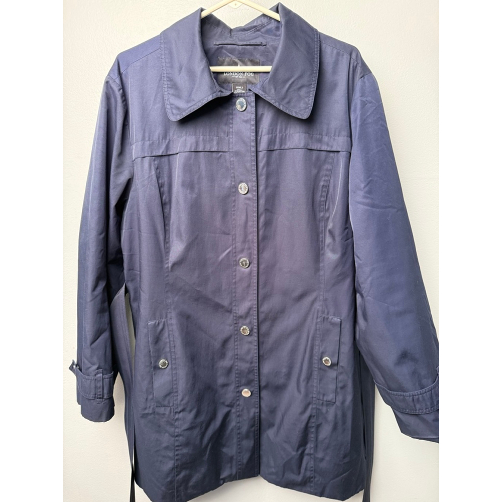 London Fog Navy Blue Button Front Belted Coat XXL Classic Trench Style
